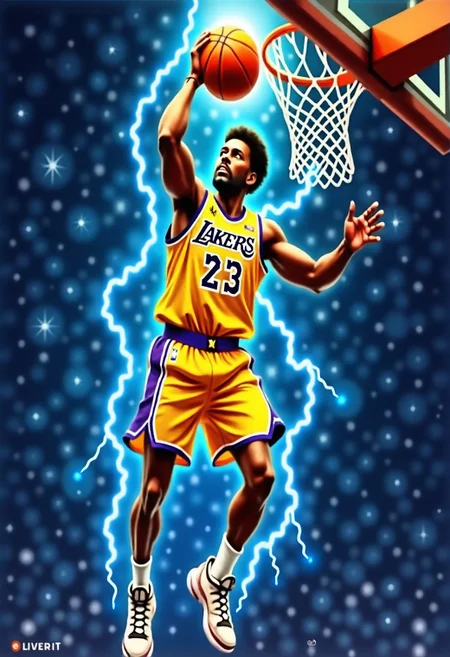 Artistic and dynamic illustration of a basketball player wearing a Lakers jersey (number 23) in the air during a slam dunk. The player is surrounded by glowing blue and yellow lightning and energy bands. The background is a dark void with barely visible light glints. The art style is reminiscent of sports illustrations with a modern, energetic bias.