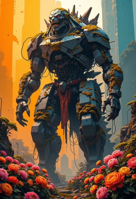 An epic sci-fi photo of a ancient gigantic mechanical godzilla, surrounded by many-coloured peonies, an ancient mechanical guardian, dilapidated and abandoned, broken down and derelict, reclaimed by nature, with twisted vines and moss creeping through it. An abstract geometric gradient dapples the photo, characterized by striking minimalism, enveloped in warm tones, and marked by high contrast and dramatic lighting. The composition is grand and monumental, replete with intricate details and cutting-edge futuristic elements. The atmospheric depth, imbued with an otherworldly and ethereal quality, combines to craft a truly unique and visually captivating cinematic masterpiece. This image transports the viewer to an immersive world beyond the ordinary, sparking imagination and wonder. <lora:FLUX_fantasy_Styler_2_64:0.8>