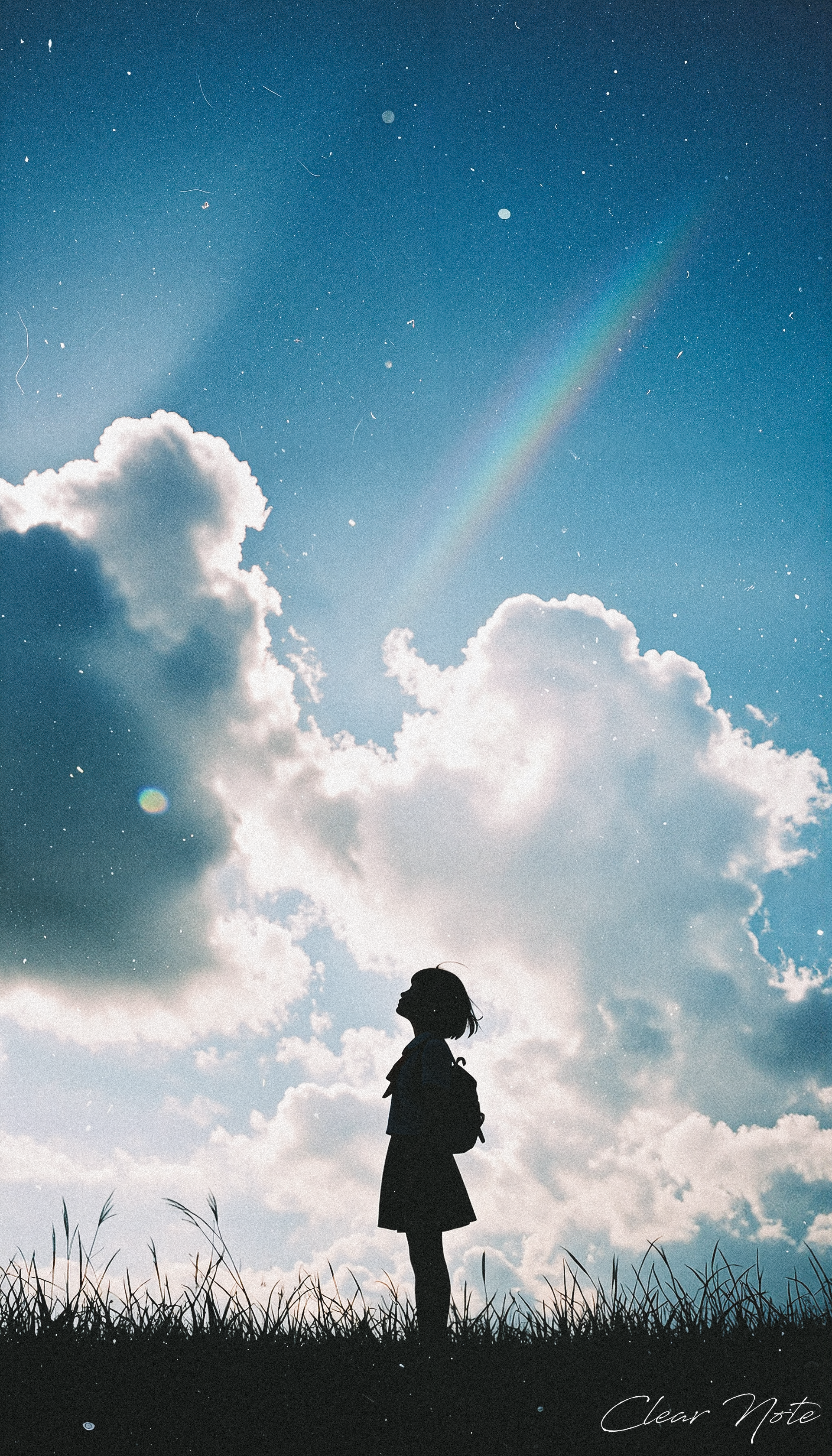 Japanese Culture Style, Emotional Photos, 35mm film, blue sky, Big Clouds, grass, Silhouette of a young Japanese girl looking up at the sky