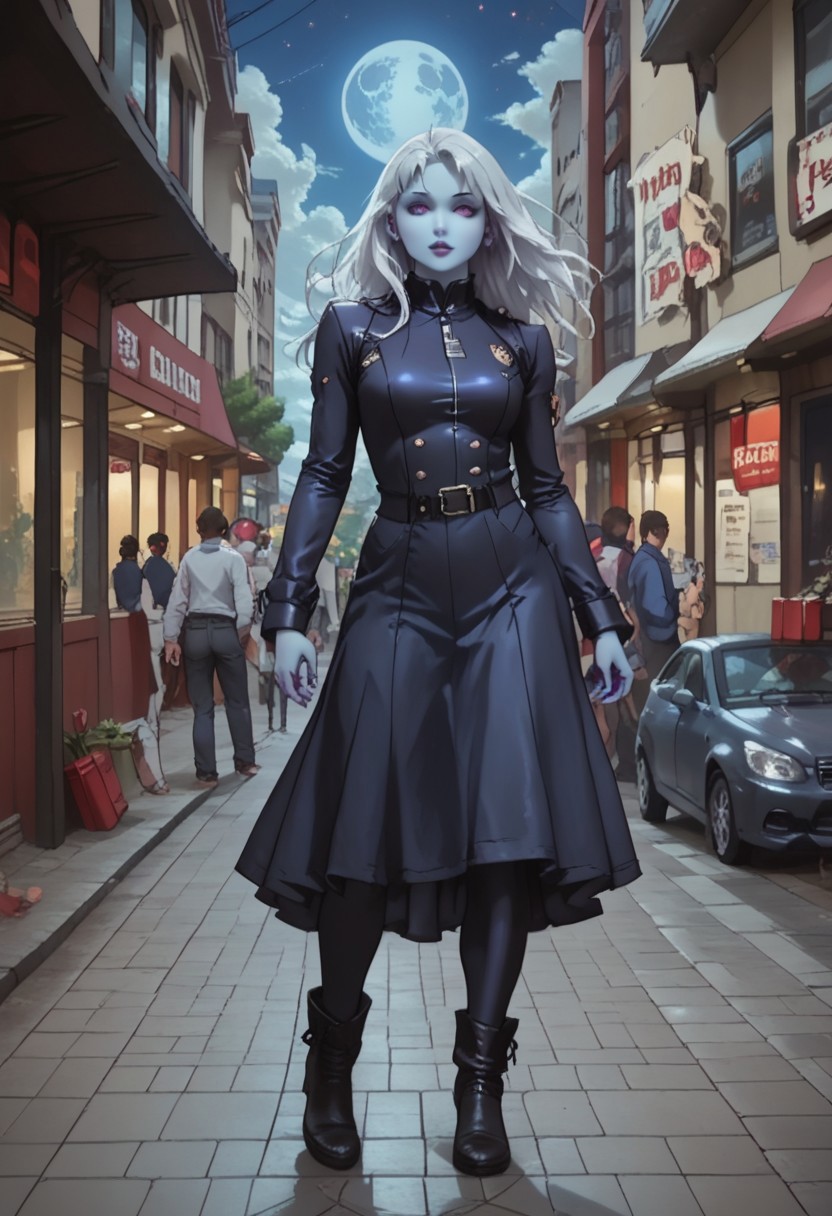 ASCII score_9, score_8_up, score_7_up, 1girl, Cowboy Shot, Full Body Visual, Depth of Field,
BREAK
static_pf, 1girl, white hair, purple eyes, blue skin,
BREAK
DARK SAKURA BODYSUIT,
BREAK
night, full moon, clouds, stars, 
BREAK
standing in the streets of a modern City, Metropolis, paiyama, tree, real world location, scenery, outdoors, building, road, street, city,
BREAK
Expressiveh, masterpiece, volumetric lighting, cinematic lighting,