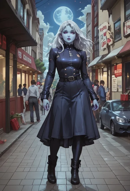 ASCII score_9, score_8_up, score_7_up, 1girl, Cowboy Shot, Full Body Visual, Depth of Field,
BREAK
static_pf, 1girl, white hair, purple eyes, blue skin,
BREAK
DARK SAKURA BODYSUIT,
BREAK
night, full moon, clouds, stars, 
BREAK
standing in the streets of a modern City, Metropolis, paiyama, tree, real world location, scenery, outdoors, building, road, street, city,
BREAK
Expressiveh, masterpiece, volumetric lighting, cinematic lighting,