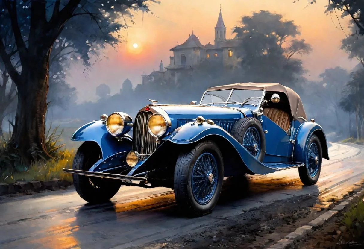 (masterpiece, oil and watercolor painting, water color painting, the work of a master, highly detailed 8k resolution high contrast, intricate details, haze, vignette, professional photography, hdr, cinematic effect, bokeh, wallpaper), 1940 Bugatti type 57 blue with light French country road background moonlight landscape, wet road, reflection, on shoulder, parked for glamour shot, (there is a woman<a metaphor?>, you look past a (incredibly lifelike beautiful French (woman, 20 yo, most beautiful, elegant long hair, medium breasts, fit body, masterpiece, pretty face, most realistic, extreme realism, perfect face<masterpiece, ideal face, closeup facial portrait, extremely detailed>:1.6), (sexy (blue) dress, standing in road, flaunting body):1.6), <lora:detail-tweaker-xl:1>