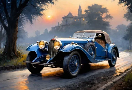 (masterpiece, oil and watercolor painting, water color painting, the work of a master, highly detailed 8k resolution high contrast, intricate details, haze, vignette, professional photography, hdr, cinematic effect, bokeh, wallpaper), 1940 Bugatti type 57 blue with light French country road background moonlight landscape, wet road, reflection, on shoulder, parked for glamour shot, (there is a woman<a metaphor?>, you look past a (incredibly lifelike beautiful French (woman, 20 yo, most beautiful, elegant long hair, medium breasts, fit body, masterpiece, pretty face, most realistic, extreme realism, perfect face<masterpiece, ideal face, closeup facial portrait, extremely detailed>:1.6), (sexy (blue) dress, standing in road, flaunting body):1.6), <lora:detail-tweaker-xl:1>