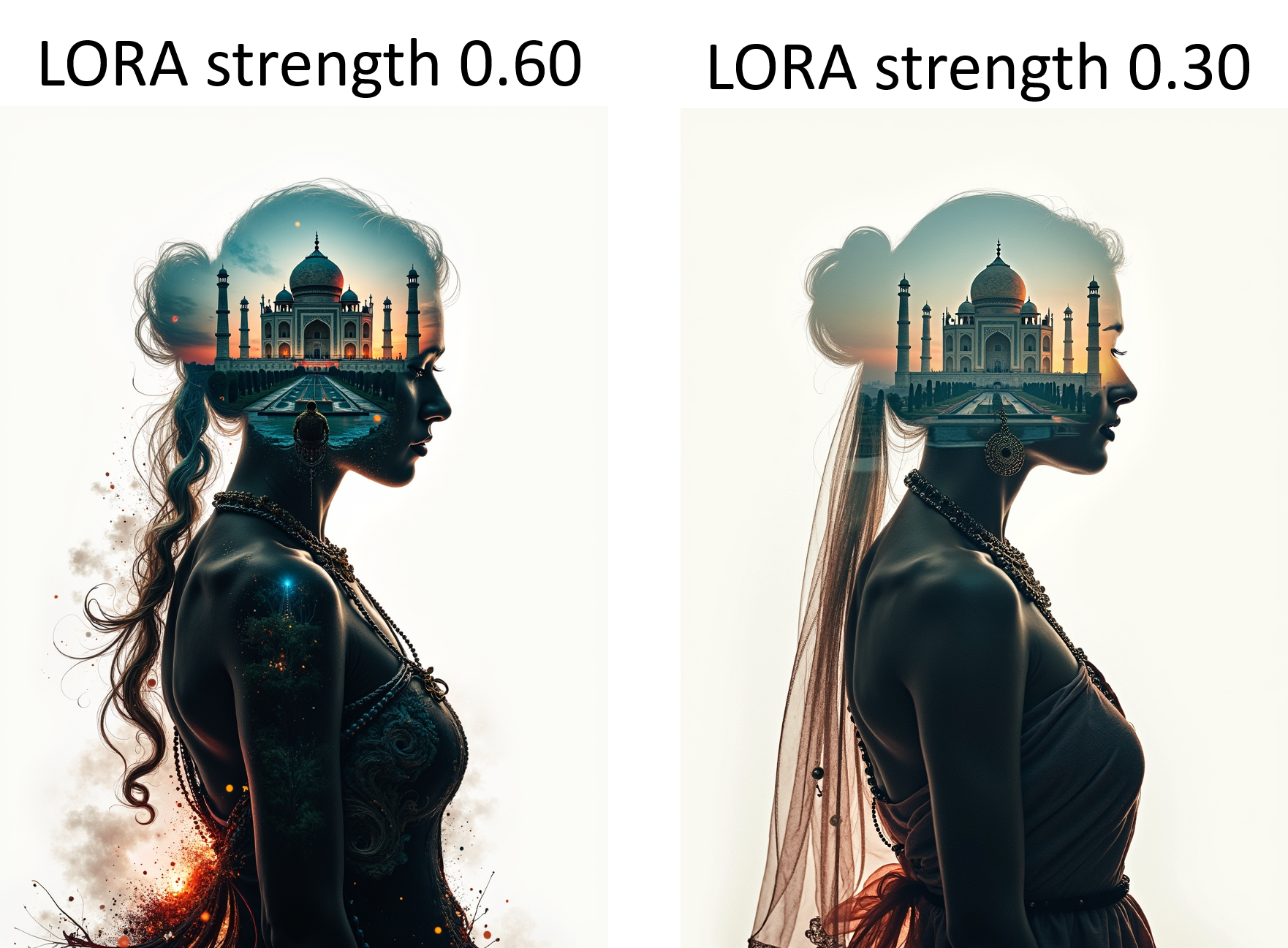 silhouette of an indian princess filled with a taj mahal scenery, double exposure, crisp lines, double exposure background, hyperdetailed, concept art