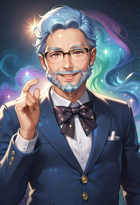 score_10, score_9_up, score_8_up, score_7_up, score_6_up, vibrant colors, shiny skin, prefect lighting, detailed image, snoozing, masterpiece, best quality, highly detailed, ultra quality, BREAK,
<lora:galaxyXLP:1> galaxy,
1man, solo,, old man, Glasses, beard,, detailed face, smiling, jewelry ,,suit made of galaxy, black bow tie, ((clothes made of galaxy)),
looking at viewer, detailed background , indoors , cinematic composition , dynamic pose ,