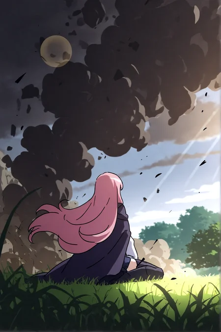 masterpiece, best quality, dark grey background, indoors, cinematic lighting, lens flare, flying debris, dust, smoke, amazing quality, very aesthetic, absurdres, best quality, newest, year 2023, Louise de La Valliere, Main Outfit, cloud, day, grass, nature, outdoors, sitting, sky, solo, tree, wariza <lora:JN_Louise_de_La_Valliere:0.8>