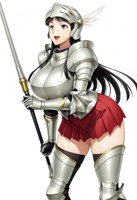 score_9,score_8_up,score_7_up,source_anime,5_figner,2d_animation,game cg,BREKE,1girl,solo,
p4amagi, Amagi Yukiko, long hair, black hair, bangs,
armor,gauntlets,breastplate,helmet,feathers,greaves,armored boots,zettai ryouik,black thighhighs,pleated skirt,red skirt,lance,knight,hold on lance,
smile,openmouth,cowboyshot,standing,
huge breasts,thick hips,thick thighs,thick waist,disproportionate breasts,
curves,glamour,
simple background,white background,
masterpiece,best qualit,ultra-detailed,illustration,an extremely delicate and beautiful,beautiful detailed eyes,unity 8k wallpaper,high resolution,anime CG,official_art,Erotic_style, uncensored, anime_coloring, anime_screencap,