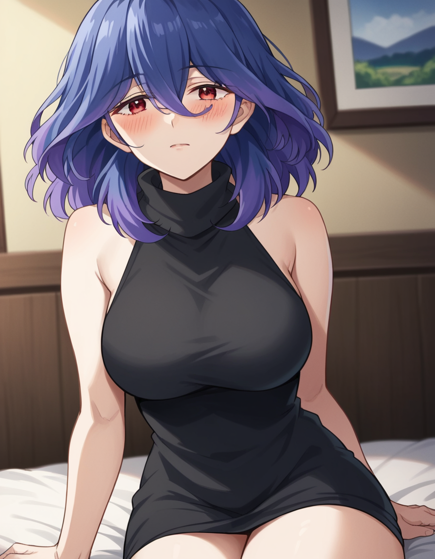 score_9, score_8_up, score_7_up, source_anime,
vermeil, <lora:vermeil-s1-ponyxl-lora-nochekaiser:1>,
vermeil, red eyes, hair between eyes, blue hair, purple hair, multicolored hair, medium hair,
sweater, bare shoulders, sleeveless, turtleneck, black sweater, thighs,
indoors, bed, bed room, on side, blush, drunk,
looking at viewer, cowboy shot, solo, dutch angle,