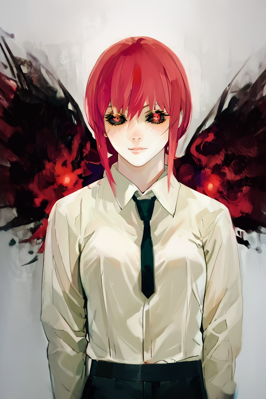 score_9, score_8_up, score_7_up, score_6_up, score_5_up, score_4_up, <lora:mak1ma0XL_Pony_v1:0.8> , mak1ma0, red hair, long hair, white collared shirt,black necktie, black pants, 1girl,<lora:sui_ishida_style_Pony:1>, sui_Ishida_style, solo, alone, standing, looking at the viewer, masterpiece, highres, <lora:UkakuPony:0.95>,ukaku, kakugan, red eyes, black sclera, kagune on back, gradient kagune