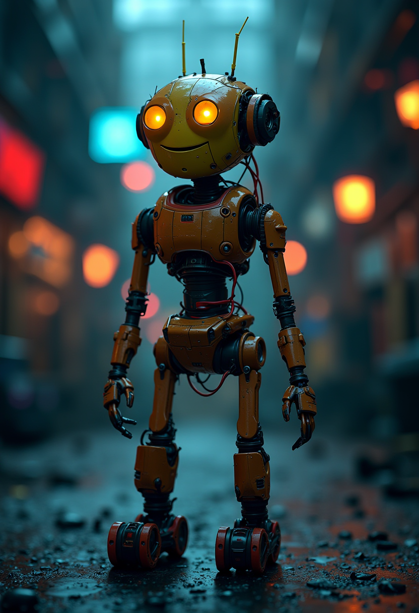 film noir style (photorealistic, UHD, shot on a Sony A7III, optimal photography, natural lighting:1.5)
image captures a scene of futuristic fantasy set against a dark backdrop with blurred lighting in hues of blue and orange. At the center of the frame is an alien robot, its body composed of a metallic brown color interspersed with yellow wiring and red accents.
The robot stands on two legs, each equipped with wheels at the bottom. Its arms are extended outwards, suggesting a welcoming or protective gesture. The robot's eyes glow in shades of orange, adding to its otherworldly appearance.
The head of the robot is large and cylindrical, topped with two antennas that reach upwards. A yellow mouth is visible on the front of the head, giving the robot an expressive countenance. 
Despite the fantastical elements, the image does not contain any discernible text or additional objects. The relative position of the robot to the background suggests it is in the foreground, drawing immediate attention.
Overall, the image presents a captivating scene from a futuristic world, embodied in the form of a humanoid robot standing against a colorful backdrop.
 . monochrome, high contrast, dramatic shadows, 1940s style, mysterious, cinematic