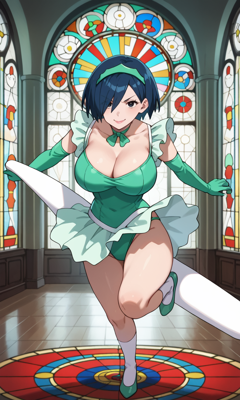 (1girl:1.5), (solo:1.3), (score_9, score_8_up, score_7_up, score_6_up, score_5_up, score_4_up), (source_anime), rating_questionable, looking at viewer, (full body:1.3), (stained glass:1.3),
 <lora:hinageshi-green-kurara_v2:0.8> (hinageshi-green-kurara), (tareme:1.3), (black eyes, eyelashes, blue hair, short hair, parted bangs, hair over one eye, pink lips, green hairband), (green bowtie, green dress, tutu, leotard, sleeveless, collarbone, light green frills, green elbow gloves, white socks, green footwear), (huge breasts), (boomerang, smirk:1.3),
((dancing)),