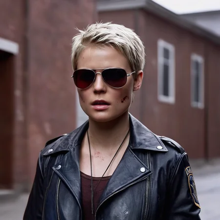 cinematic film still of <lora:perfection style:0.5> <lora:detailed:0.5> perfection detailed
<lora:Sairento Hiru style:1>
In the mysterious New England town of Silent Hill Police a short hair woman with a bloody face and a leather jacket,solo,short hair,blue eyes,blonde hair,simple background,1boy,jacket,upper body,male focus,blood,scar,sunglasses,realistic,leather,eyewear removed,police,leather jacket,eyewear hang,aviator sunglasses , cinematic, supernatural, horror style, Sairento Hiru style, shallow depth of field, vignette, highly detailed, high budget, bokeh, cinemascope, moody, epic, gorgeous, film grain, grainy