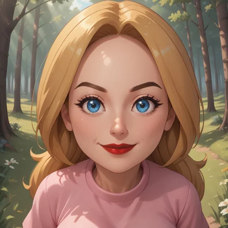 score_9, score_8, BREAK, solo, wii, mii, wii sports, 1girl, female mii, blonde hair, blue eyes, brown eyebrows, red lips, lipstick, pink clothing, white pants, shoes, (((big breasts))), nintendo mii, modern_mii, classic_mii, Montserrat_(OC_Mii), cute, (((adult female, mature female))), tall, sexy pose, self portrait, smile, outdoors, sunlight, shadows, evening lighting, natural lighting, forest, trees, grass, orange sky, sunset
