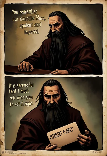 borderlands game introduction/poster with 2 pannels, the cnetral figure is a man in long dark brown robe with long, messy black beard.
He is sitting nest to the desk, on the first pannel there is a text " You remember our venerable Buzz, opulent and imperial" on the second panel the man looks at oversied credit card with big text "CREDIT CARD" writen on it and the text in rest of the second pannel is "it is shameful that I must rely upon you to set it right."