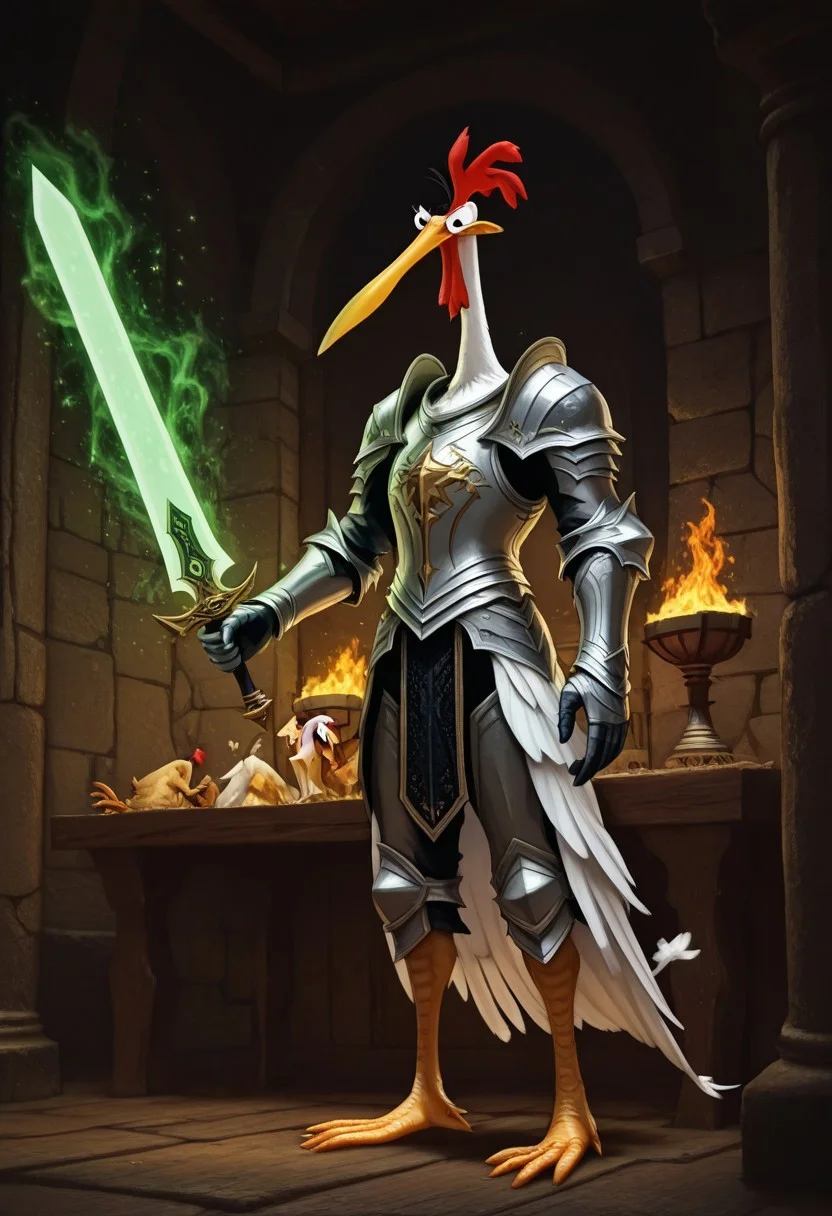 Masterpiece, best quality, highly detailed, absurdres, 1boy, solo, cartoon, ch1ken, chicken, long beak, white feathers, knight, heavy armor, holding, magic sword, no helmet, chicken feet, dark fantasy background, detailed background,