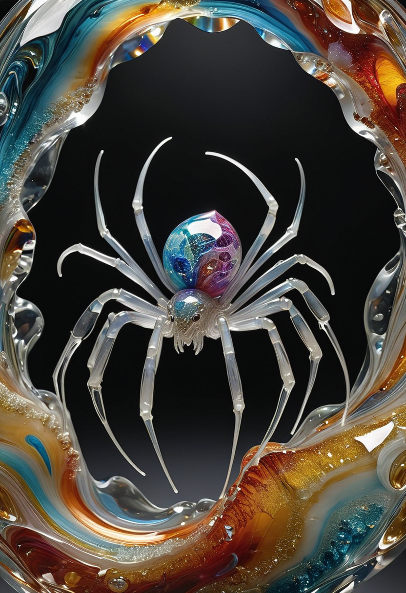  made out of,colorful,liquid,Murano Art glass,highres, 
Suspended in a web spun from spun glass threads that shimmer with trapped light, a crystalline  diamond spider waits patiently. Its body, a multifaceted geode of quartz crystal, refracts light into a dazzling spectrum of colors. Instead of eight legs, it has twelve, each one a delicate arch of clear glass, ending in tiny suction cups of molten amber.