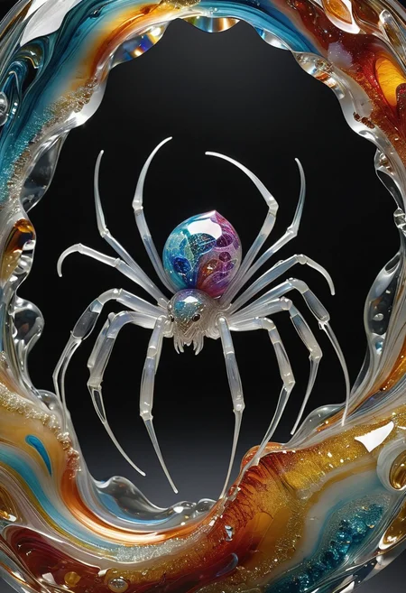 made out of,colorful,liquid,Murano Art glass,highres,
Suspended in a web spun from spun glass threads that shimmer with trapped light, a crystalline diamond spider waits patiently. Its body, a multifaceted geode of quartz crystal, refracts light into a dazzling spectrum of colors. Instead of eight legs, it has twelve, each one a delicate arch of clear glass, ending in tiny suction cups of molten amber.