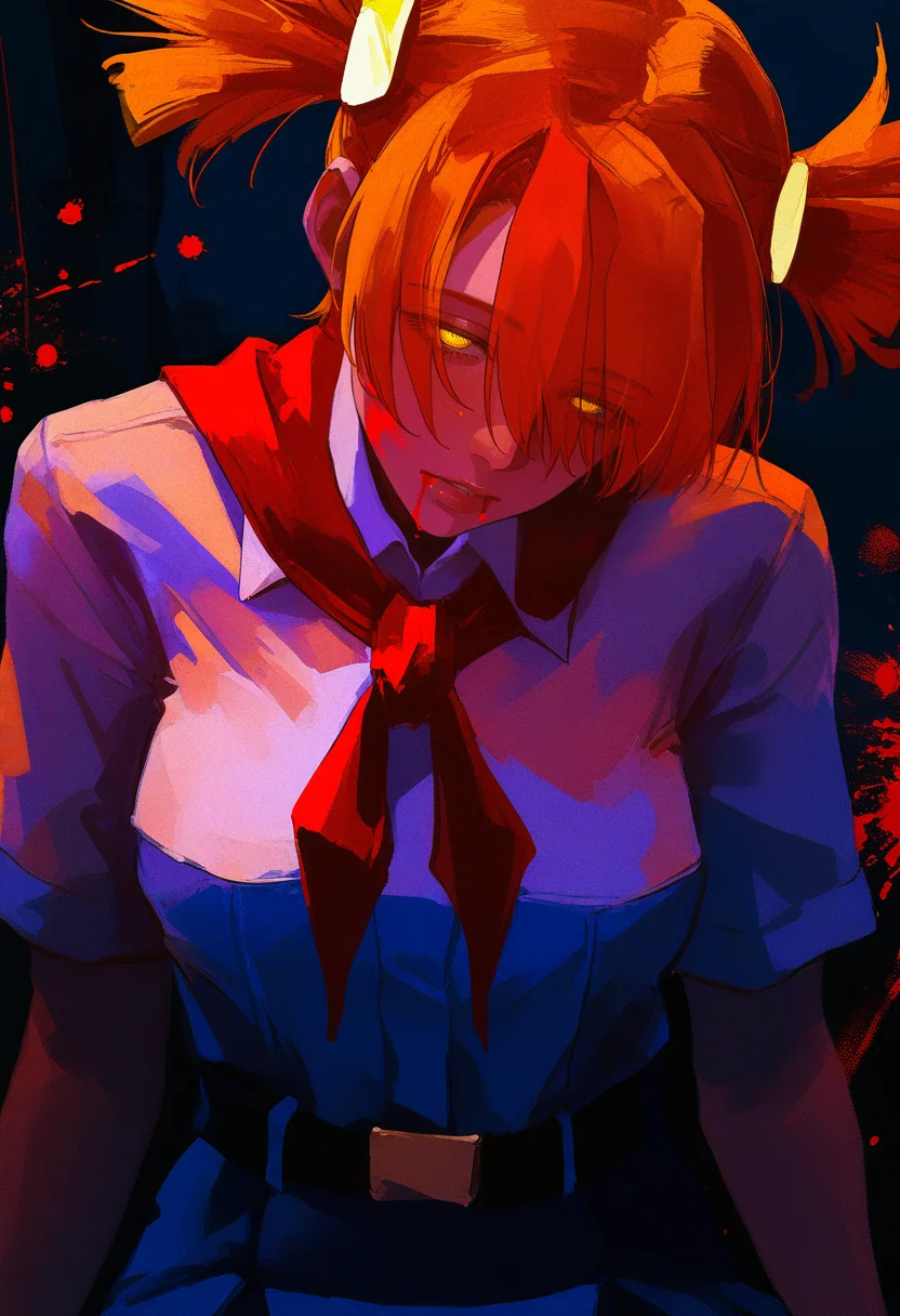 anime coloring, limited palette, masterpiece, highres, greatscore, absurdres,<lora:dvach:1> aldvch, 1girl, solo, orange hair, short twintails, short hair, twintails, hair ornament, orange eyes, white shirt, short sleeves, blue skirt, red neckerchief, belt,
(by agnes cecile, by kaneoya sachiko, by 96yottea, :1.2), gradient coloring, glowing coloring, aegyo sal, (portrait:1.2), head tilt, staring, upper body, nose, lips, half-closed eyes, red hair, yandere, blood splatter on face, blood from mouth, (glowing yellow eyes:1.2), closed mouth, parted lips, hair over eyes, eyes visible through hair, dark theme, dark room, ,masterpiece, highres, greatscore, absurdres,
<lora:nhl-001:1> nhl-001, limited palette, realistic