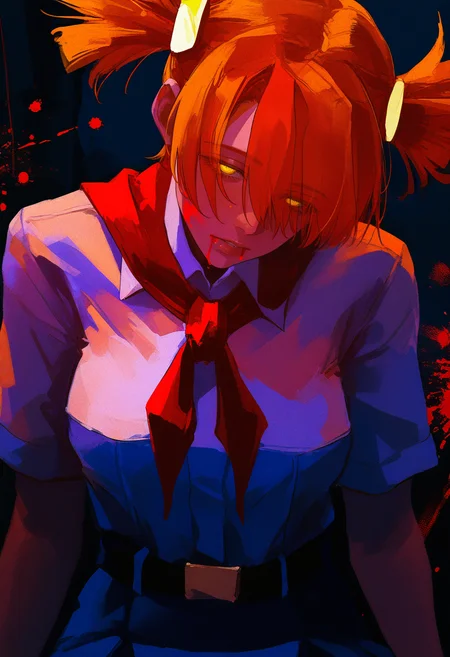 anime coloring, limited palette, masterpiece, highres, greatscore, absurdres,<lora:dvach:1> aldvch, 1girl, solo, orange hair, short twintails, short hair, twintails, hair ornament, orange eyes, white shirt, short sleeves, blue skirt, red neckerchief, belt,
(by agnes cecile, by kaneoya sachiko, by 96yottea, :1.2), gradient coloring, glowing coloring, aegyo sal, (portrait:1.2), head tilt, staring, upper body, nose, lips, half-closed eyes, red hair, yandere, blood splatter on face, blood from mouth, (glowing yellow eyes:1.2), closed mouth, parted lips, hair over eyes, eyes visible through hair, dark theme, dark room, ,masterpiece, highres, greatscore, absurdres,
<lora:nhl-001:1> nhl-001, limited palette, realistic