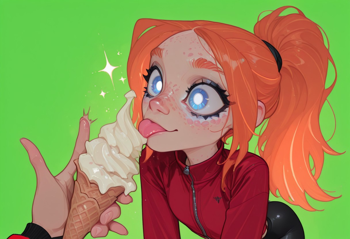 masterpiece, best quality, amazing quality, very aesthetic, absurdres, newest, highly detailed,beautiful eyes, big eyes, detailed eyes, detailed pupils, perfect body, dynamic pose, solo,(cowboy shot,:1.1) ,boop, nose boop, looking at hand, offscreen character
1girl , bike shorts, blue eyes , body freckles , bright pupils , cowboy shot , flat chest , freckles , green background , jacket , long hair , long sleeves , lying , on stomach ,orange hair , ponytail , red jacket , solo , white pupils ,
    ice cream cone, 
    licking, pinky out, tongue out,
,flatstyle, flat color, outlines,egirl, ((correct_anatomy)),afkArenaStyle, lazypos , lazyneg