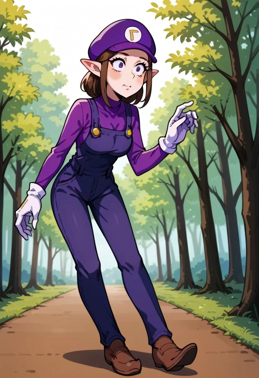 score_9, score_8_up,
{source_anime, 1woman, solo, Waluigi, genderswap \(mtf\), Waluette, no mustache, mature woman, 30 years old, long face, high cheekbones, thin face, very pointy chin, pointy ears, brown hair, hat, purple headwear, purple shirt, long sleeves, overalls, white gloves, brown shoes, long legs, walking down a forest path, from behind perspective, looking over her shoulder,},
<lora:ChamWaluigiPonyXL:1>,
4kFacePonyXL,