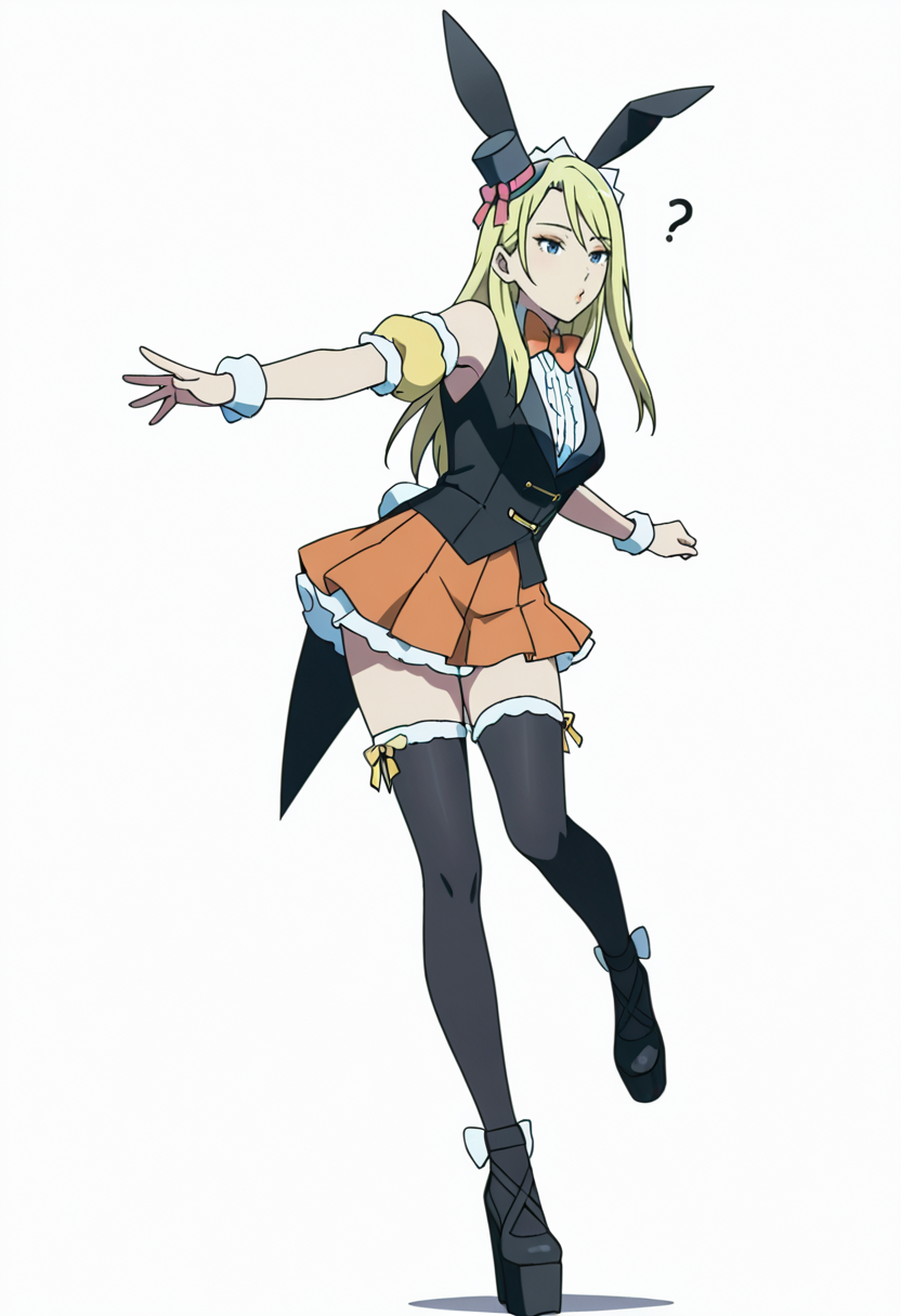 Smooth Quality,masterpiece,very intricate, high quality details, ultra realistic, high detailed skin,detailed enviorement,absurdres,anime screencap, 
simple background, white background, dancing, 
 <lora:Moonbeams_Manager_CNR:0.7> moonbear_cnr, 1girl,blonde hair, long hair, blue eyes,rabbit ears, fake animal ears, bare shoulders, makeup, lipstick, mini top hat, black vest, shirt,puffy short sleeves, detached sleeves, wrist cuffs,orange pleated skirt, black thighhighs, frills,bowtie, platform footwear,, confused,, o3o,