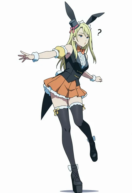 Smooth Quality,masterpiece,very intricate, high quality details, ultra realistic, high detailed skin,detailed enviorement,absurdres,anime screencap, 
simple background, white background, dancing, 
 <lora:Moonbeams_Manager_CNR:0.7> moonbear_cnr, 1girl,blonde hair, long hair, blue eyes,rabbit ears, fake animal ears, bare shoulders, makeup, lipstick, mini top hat, black vest, shirt,puffy short sleeves, detached sleeves, wrist cuffs,orange pleated skirt, black thighhighs, frills,bowtie, platform footwear,, confused,, o3o,