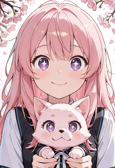 CivChan, purple eyes, sparkling eyes, pink hair, 1girl, holding puppy, blush, slight smile, uwu, looking at viewer, [romantic atmosphere], school uniform, white ribbon, long hair, windy hair, cherry blossoms, soft lighting, pastel colors, detailed eyes, warm glow, paper crane, ink splatter, faint heart sparkles, [highres], [depth of field]