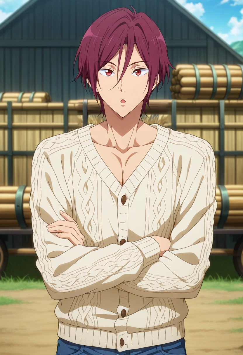 masterpiece, best quality, , anime screencap, anime coloring, official style, , 1boy, solo, male focus, <lora:rin_matsuoka_ilxl:0.98>, rin_matsuoka, red hair, red eyes, hair between eyes, upper body, farm, plantation, noon, arms under breasts, :o, Vermilion Cargo jogger pants, Denim Embroidered Henley cardigan, Penny loafers, , Bedroll and and