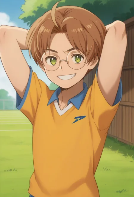 score_9, score_8_up, source_anime, highly detailed, 1boy, solo, male_focus, skinny,
1boy, male focus, glasses, solo, sportswear, brown hair, green eyes, shirt,
soccer uniform, yellow shirt, facing viewer, upper body, short hair, smile, grin, hands behind head,
outdoor,