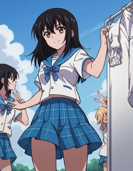 score_9, score_8_up, score_7_up, source_anime, <lora:yukina-himeragi-s1-ponyxl-lora-nochekaiser:1>, yukina himeragi, long hair, black hair, brown eyes, medium breasts,, skirt, bow, school uniform, pleated skirt, serafuku, sailor collar, blue skirt, plaid, blue bow,, laundry day, clothesline, drying clothes, domestic life, fresh air, blue sky, , , v, smile, solo,, cowboy shot, dutch angle