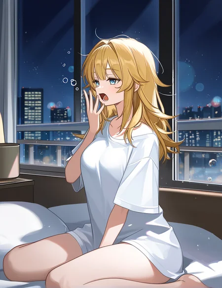 blonde hair, blue eyes, long hair, oversized t-shirt, bubbles, sleepy,
yawning, white shirt, thighs,
bed, wariza,
masterpiece, best quality, very awa
<lora:invisiblewoman:1>, city apartment, night, living room, indoors, window