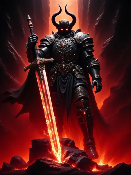 highly detailed dark fantasy digital painting, low-angle shot with a symmetrical composition, the scene shows a towering, faceless demon knight standing imposingly before a massive infernal portal, facing the viewer, his broad, curved horns are perfectly symmetrical, the demon wields a legendary, awe-inspiring magic greatsword in one hand, the bladeâs crossguard and pommel are encrusted with fiery, glowing rubies that pulse with infernal energy, bright orange-red sparks fly from where the greatsword touches the volcanic ground, the demon's piercing crimson eyes burn with intense focus as they lock onto the viewer, his dark, intricately engraved armor is forged from infernal metal, each piece meticulously crafted, exuding an ominous and powerful aura, a dark, tattered cape billows behind him, adding to his menacing presence, in the background, the massive infernal portal looms, surrounded by intricate carvings and ancient, faintly glowing runes etched into the stone, dim red light seeps through cracks, illuminating the portal and casting an eerie glow on the scene, the fiery, dim lighting of the scene enhances the dramatic contrasts, as glowing sparks float through the air, subtle shadows and smoky tendrils rise around his feet, faint reflections from lava flows cast across the jagged rocks, illuminating the intricate engravings of his armor and the fierce, supernatural quality of his form, vantablack, hkstyle, holding sword, wearing armor, celestium style, <lora:vantablack-v2-flux-by_tijuanaslumlord:1.12> <lora:style-celestium-v0.1-flux-by_sterlingangel:0.48> <lora:fantasy_knights-v2-flux-by_hailoknight:1.0> <lora:image_enhancer-flux-by_dever:1.0>