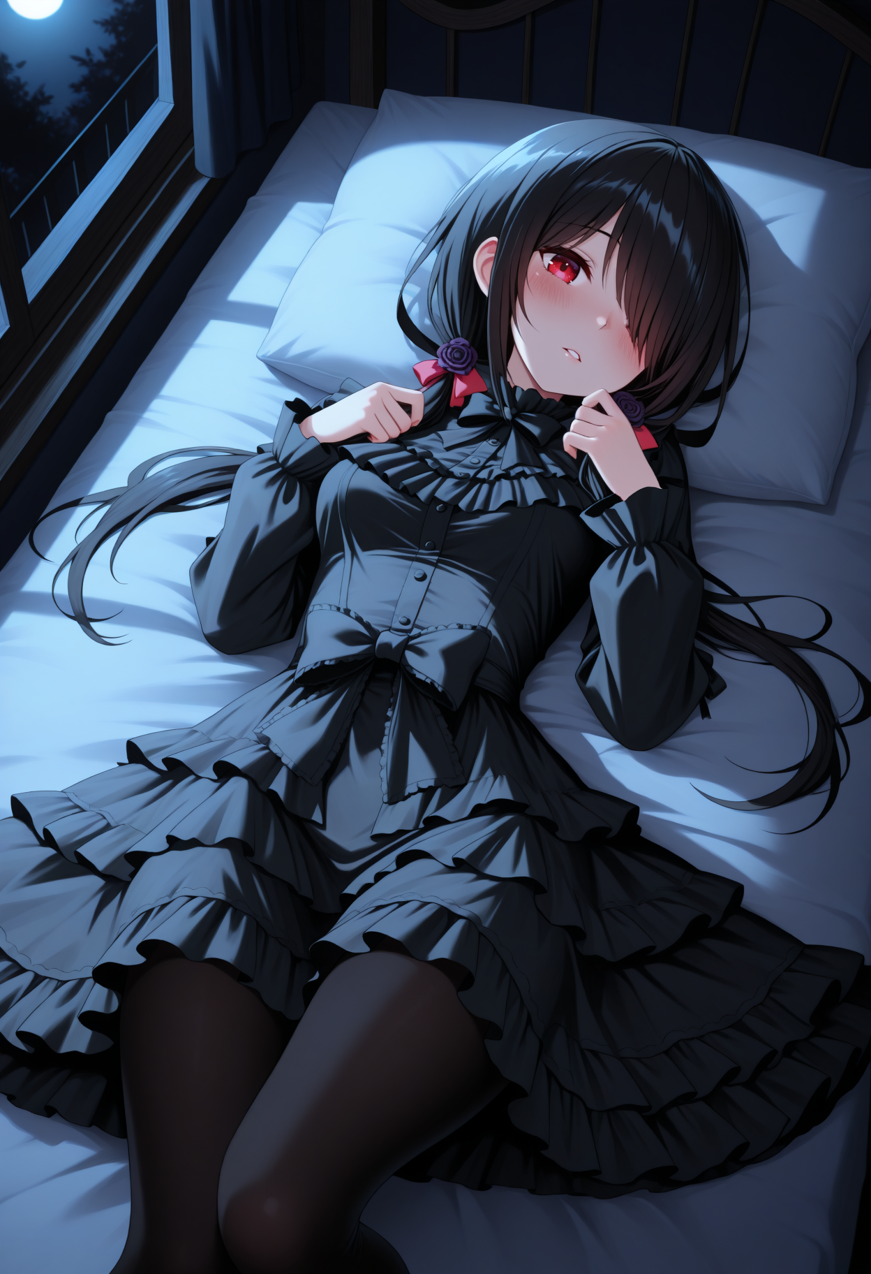 masterpiece, best quality, 1girl, solo, KrmiBlck, hair over one eye, black hair, low twintails, red eye, hair bow, hair flower, black dress, long sleeves, frilled dress, black pantyhose, lying, on back, from above, head tilt, looking at viewer, blush, parted lips, indoors, on bed, night, moonlight, <lora:ChamTokisakiKurumiNoob:1>