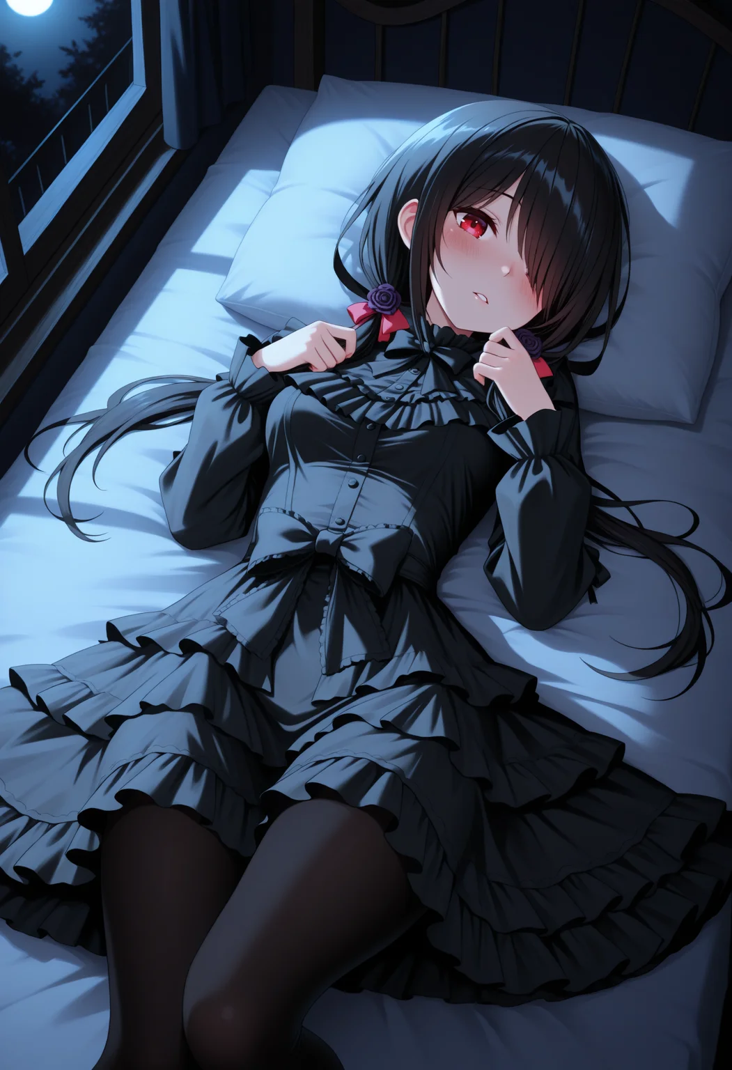 masterpiece, best quality, 1girl, solo, KrmiBlck, hair over one eye, black hair, low twintails, red eye, hair bow, hair flower, black dress, long sleeves, frilled dress, black pantyhose, lying, on back, from above, head tilt, looking at viewer, blush, parted lips, indoors, on bed, night, moonlight, <lora:ChamTokisakiKurumiNoob:1>