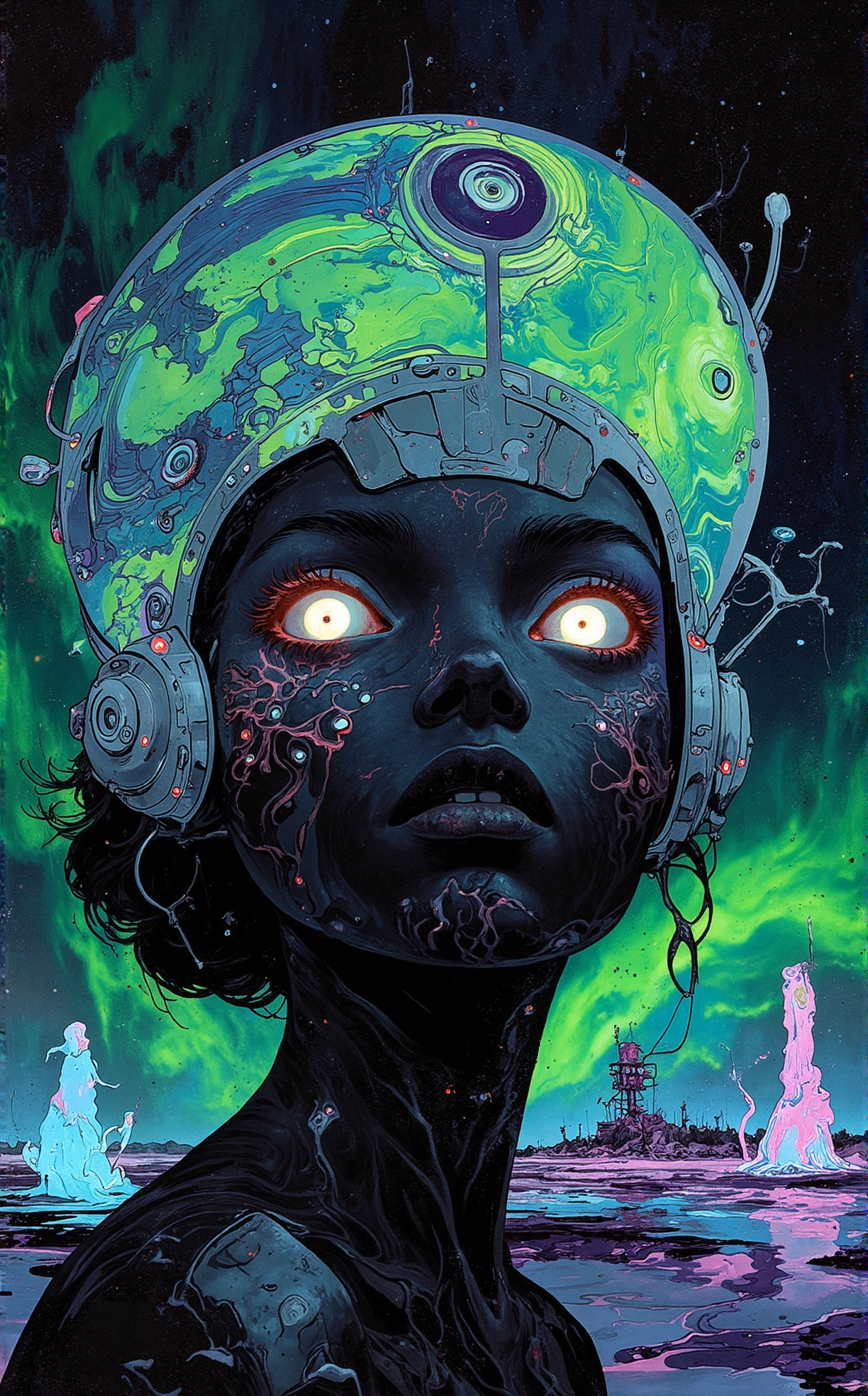 Off-center composition, dramatic shadow emphasis, A close-up portrait of a woman with dark skin and silver, iridescent makeup. She wears a metallic headdress adorned with futuristic patterns and glowing circuits. Her eyes glow faintly, and her expression is intense. The background is a dimly lit cityscape with neon lights reflecting off her face, creating a cyberpunk ambiance., Beneath the Northern Lights: The sky is alive with a swirling symphony of colors, the aurora shifting in shades of neon green and electric blue. A massive weather station stands on the horizon, its rotating antennas tracking energy patterns in the atmosphere. The snow beneath your feet crunches softly as the cold wind bites at your face, and glowing ice shards rise from the ground like eerie monoliths., swirling patterns, vibrant, dreamlike, breathtaking grunge style monochromatic art by Edward Gorey, Illustration, renaissance art by Lucas Cranach the Elder, Painting, , Northern Renaissance, religious and mythological themes, detailed and delicate brushwork, Gothic illustration, macabre humor, whimsical characters, Edwardian style, intricate linework . textured, distressed, vintage, edgy, punk rock vibe, dirty, noisy . award-winning, professional, highly detailed