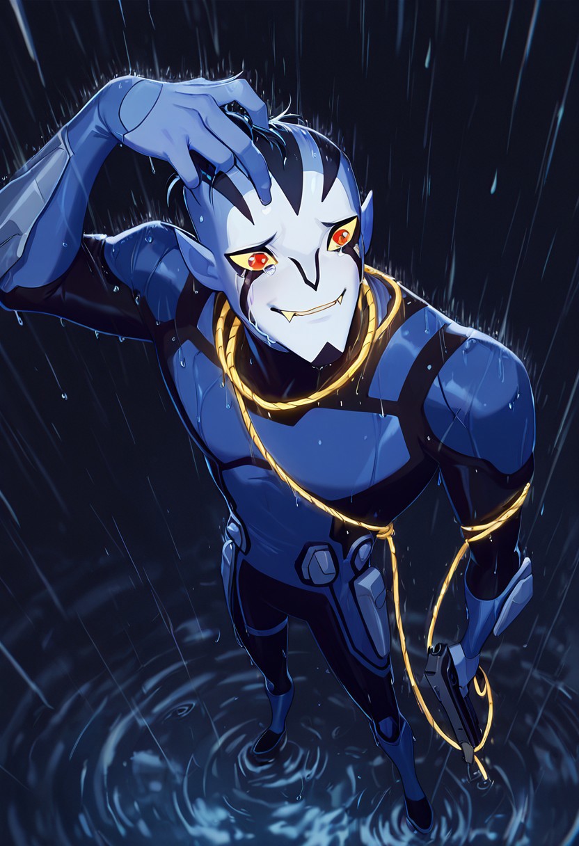 masterpiece, best quality, amazing quality, very aesthetic, absurdres, newest,
<lora:rook-10:1> rook, male focus, colored skin, alien, 1boy, yellow sclera, blue skin, white face, , red eyes, pointy ears, 
 blue bodysuit, armor, 
heavy rain, raining, simple background color, from above, puddles, golden ropes, rope around neck, tied ropes, holding pistol, hand gun, aiming at head, crying, tears, smile, fangs,