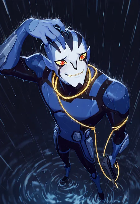 masterpiece, best quality, amazing quality, very aesthetic, absurdres, newest,
<lora:rook-10:1> rook, male focus, colored skin, alien, 1boy, yellow sclera, blue skin, white face, , red eyes, pointy ears, 
 blue bodysuit, armor, 
heavy rain, raining, simple background color, from above, puddles, golden ropes, rope around neck, tied ropes, holding pistol, hand gun, aiming at head, crying, tears, smile, fangs,