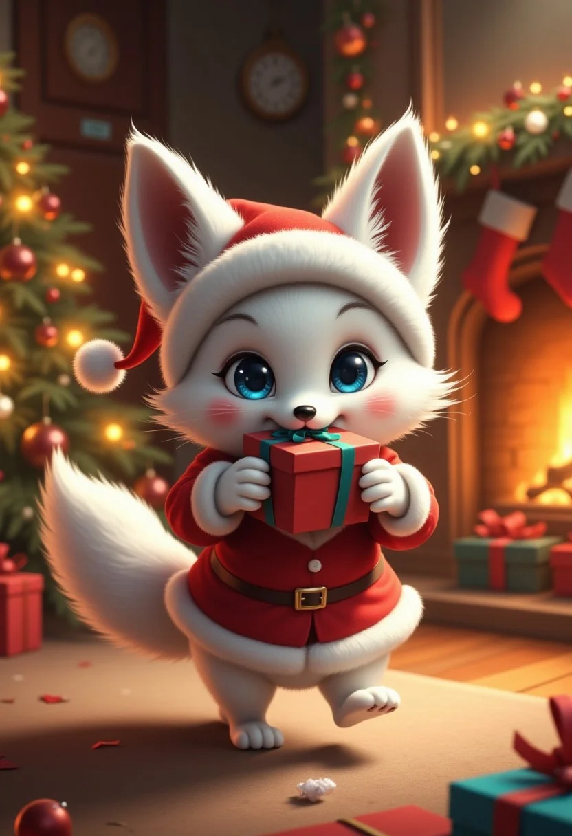 bo-christmas , a realistic and whimsical scene featuring an adorable, mischievous white fluffy fox, dressed in a festive Santa outfit complete with a red coat, a fluffy white trim, and a tiny Santa hat tilted to one side. The fox is caught mid-action, sneaking through a cozy, beautifully decorated living room, its sparkling blue eyes full of playful intent.
It clutches a small, brightly wrapped Christmas gift in its mouth, its tail wagging as it makes its sly getaway. The background is filled with warm holiday details—a glowing Christmas tree adorned with twinkling lights, colorful ornaments, and a pile of presents beneath it. Stockings hang from a fireplace that casts a soft, golden glow across the room.
The lighting highlights the fox's soft, fluffy fur and the vibrant colors of its festive outfit. The scene is dynamic and endearing, perfectly capturing the fox’s naughty yet irresistible charm in a cozy Christmas atmosphere.