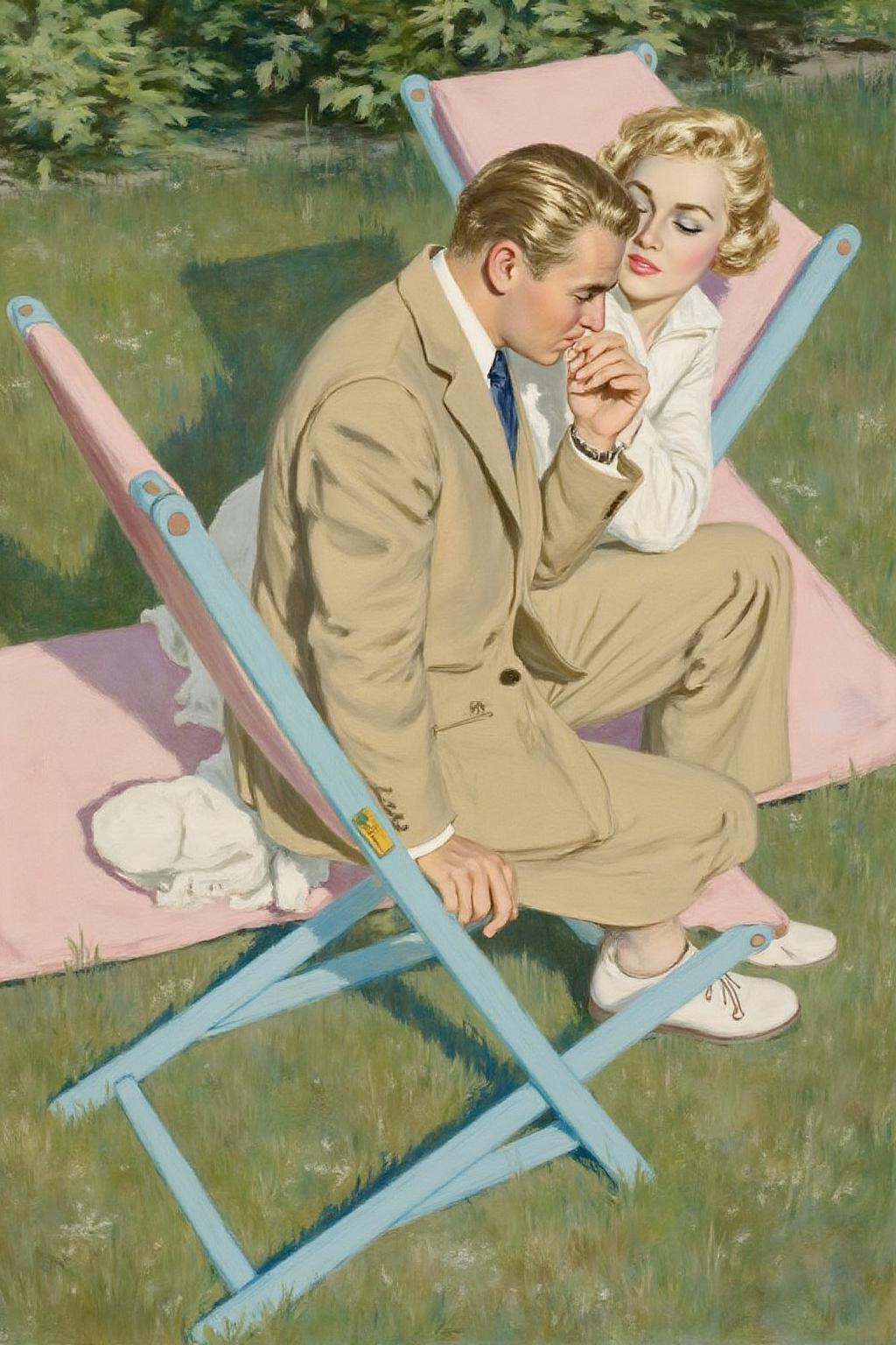 cobyw1 illustration 
A couple in a garden setting. They are seated on lawn chairs. The man is show in profile, kissing the woman's hand. <lora:cobyw1_cap_d6a3e12:1.0><lora:818768307617473342:0>