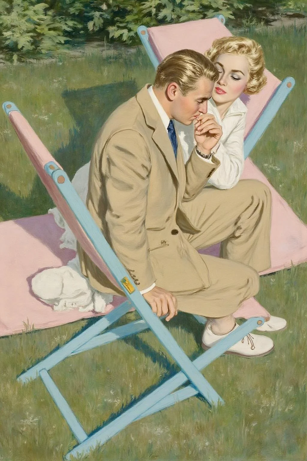 cobyw1 illustration
A couple in a garden setting. They are seated on lawn chairs. The man is show in profile, kissing the woman's hand. <lora:cobyw1_cap_d6a3e12:1.0><lora:818768307617473342:0>