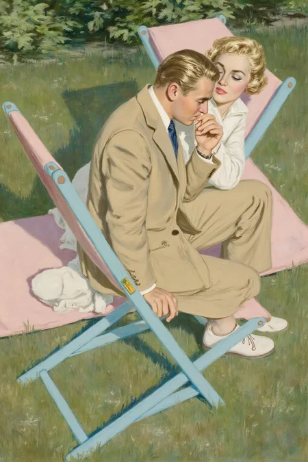 cobyw1 illustration
A couple in a garden setting. They are seated on lawn chairs. The man is show in profile, kissing the woman's hand. <lora:cobyw1_cap_d6a3e12:1.0><lora:818768307617473342:0>