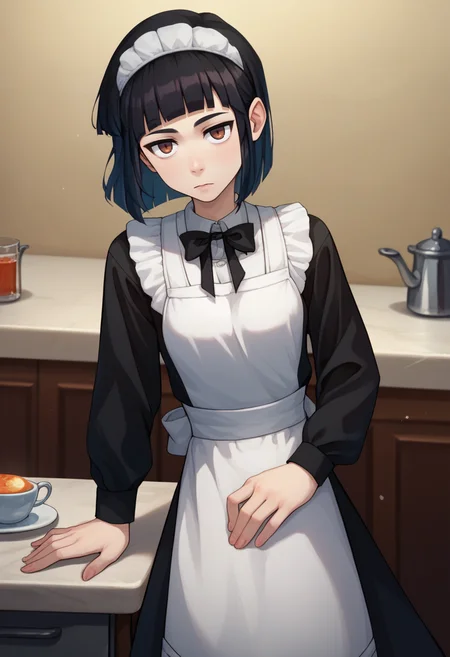 score_9, score_8_up, score_7_up, 1girl, solo, Abbey, black hair, brown eyes, bob cut, hairband, black bow, black dress, white apron, long sleeves, indoors, looking at viewer, <lora:Abbey 7_1-000013:1>