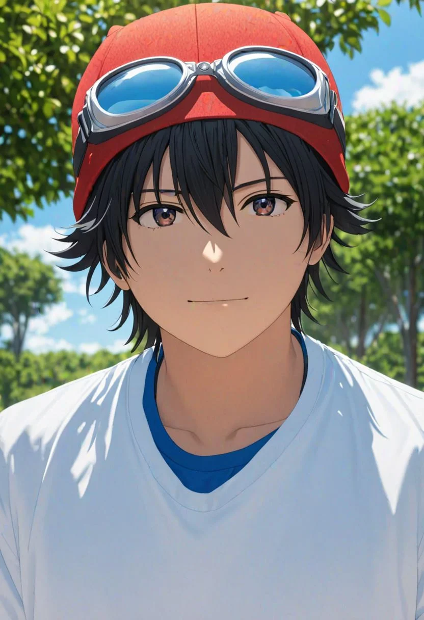 (4k), extremely detailed, hyper detailed, high resolution, professional photography, best quality, candid photo, 1boy, solo, male focus, easynegative, Yuusuke Fujisaki, Red Hat, Black Hair, white blue collar t-shirt inside a white shirt with the top collar open, outdoor, looking at viewer, candid photo, goggles