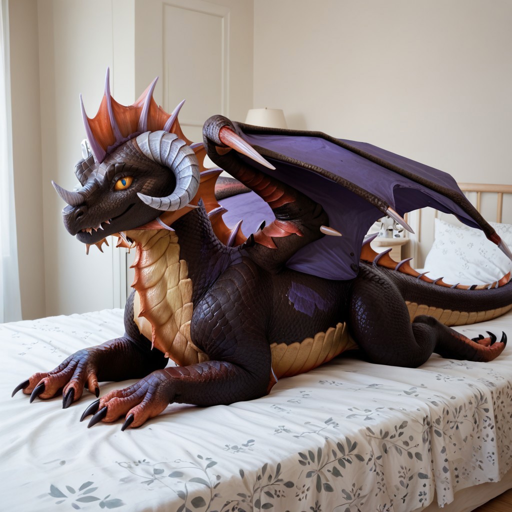 score_9, score_8_up, score_7_up, score_6_up, masterpiece, high quality, realistic, detailed, best quality, 1girl, solo, rating_safe, source_furry, bedroom, smiling, seductive, looking at viewer, lying on bed, lying on bed, full body, feral, onyxia_wc, dragon, black scales, wings, horns, tail, claws, female, 1girl, yellow sclera, feral