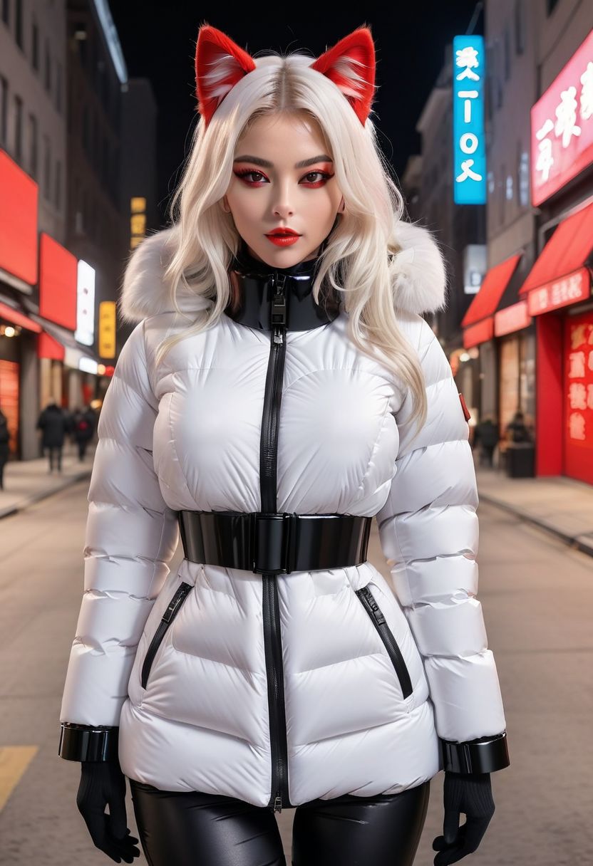 ((((padded down coat)))), ((((padded puffer coat)))), ((((padded winter clothes)))), ((((very cold)))), ((((puffer hood up)))), ((((full body)))), beautiful, masterpiece, 1girl, mature female, (((white long hair))), (((red eyes))), cat ears, large breasts, gloves, chest harness, (((half face mask))), army, Red digital camouflage, steam, cyberpunk, city, neon lights, pressure squeezing cuffs, pressure squeezing collar, (Thick padded cuffs:1.4), (Thick padded collar:1.4), <lora:Collar-SDXL:0.75>, <lora:Cuffs-SDXL:0.75>, <lora:fashion_lora:0.6>