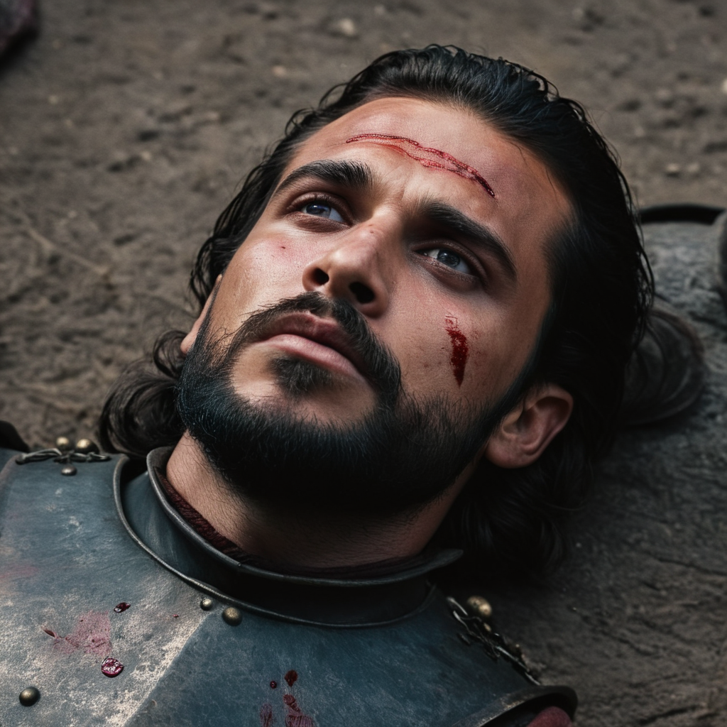 cinematic film still of  <lora:Game of Thrones style:1>
In medieval times war a man with a bloody face and a beard,solo,black hair,1boy,male focus,lying,on back,blood,facial hair,blood on face,stubble , cinematic, film, movie still, movie style, film style, fantasy drama, epic drama, dramatic light, dramatic shadow, fictional, Age of Wonders, Age of Empires, warriors,  Medieval style, middle ages, dungeons and dragons style, contrast, color, different people, different, unique, kingdoms and castles style, violent, aggressive, detailed, perfection, detailed face, detailed body, detailed hands, detailed eyes, sharp, Game of Thrones style, shallow depth of field, vignette, highly detailed, high budget, bokeh, cinemascope, moody, epic, gorgeous, film grain, grainy