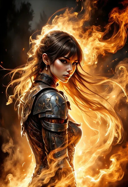 A dinkfsn style ink wash painting, magnificent. ethereal female fire spirit, long hair, bangs, made_of_smoke, made of fire, armour, sexy, translucent, ethereal, coalescing from wisps of smoke, closeup portrait, fiery background