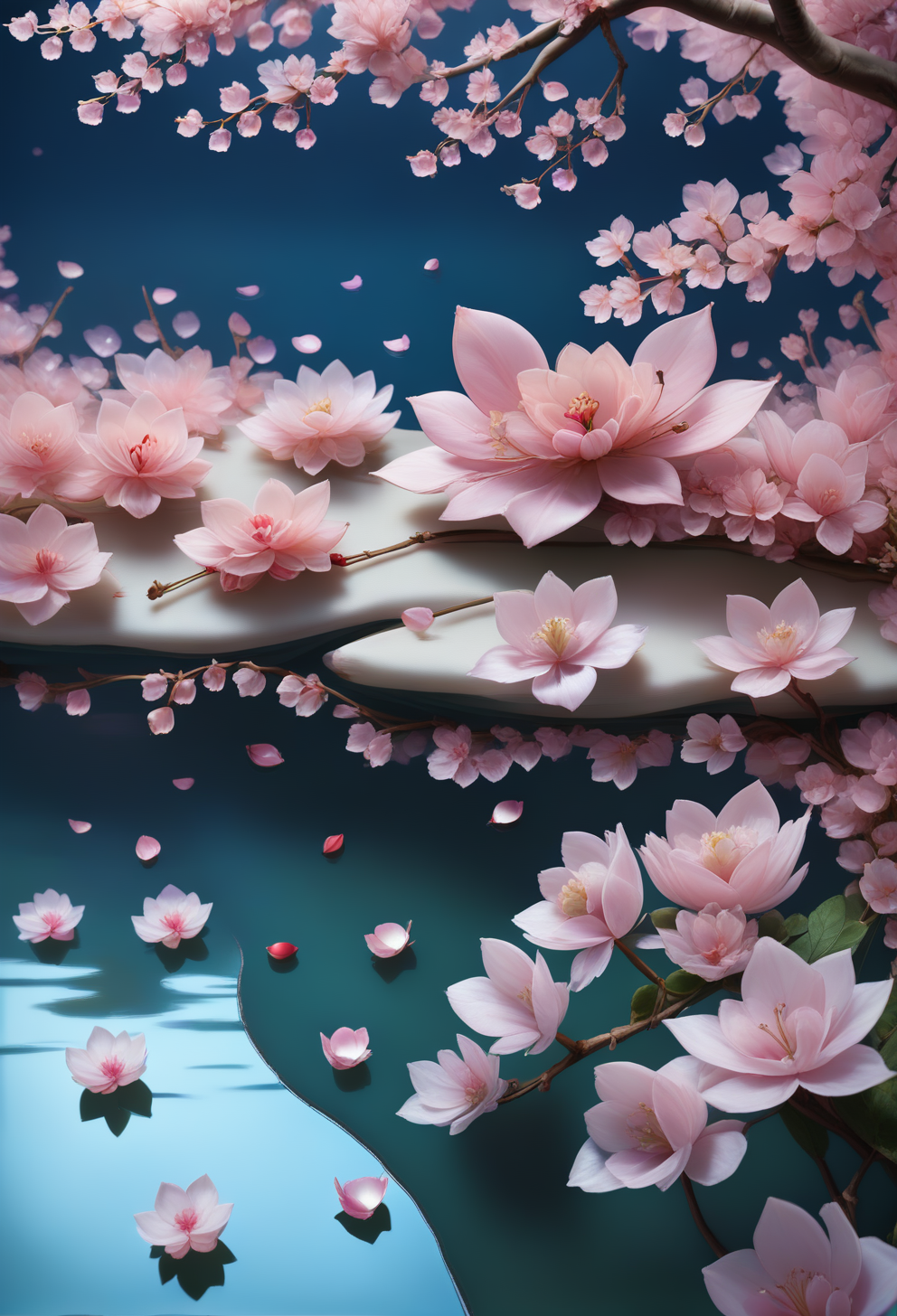 score_9, score_8_up, score_7_up, ((cherry blossom petals made out of RoseOrganzaPY <lora:RoseOrganza_PONY-000005:1>)),  surrounded by petals, river, dimmed light, close up, flowers made out of  RoseOrganzaPY