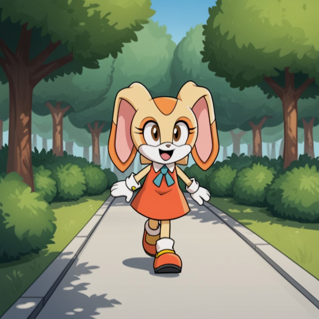 score_9, score_8_up, score_7_up, score_6_up, score_5_up, score_4_up, source_furry, CreamSonX, anthro, female, rabbit, tan fur, brown eyes, orange dress, blue cravat, orange shoes, sleeveless dress, walking, in a park,happy, solo, 1girl